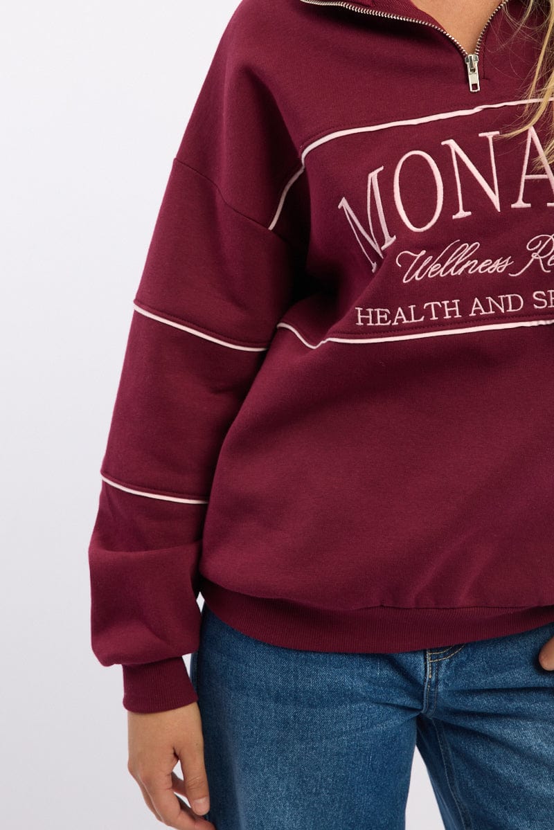 Red Zip Sweater Funnel Neck Oversized