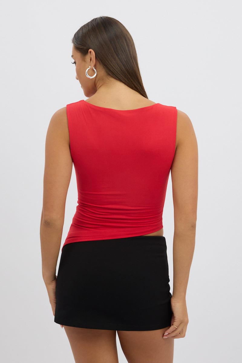 Red Sleeveless Top Asymmetric Hem