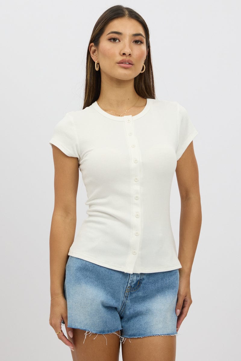 White Button Front Top Short Sleeve