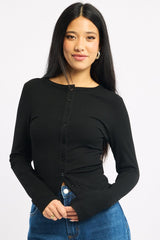 Black Button Front Top Long Sleeve