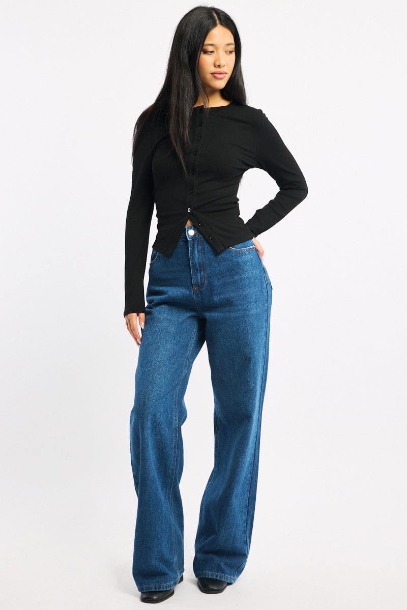 Black Button Front Top Long Sleeve