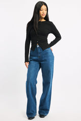 Black Button Front Top Long Sleeve