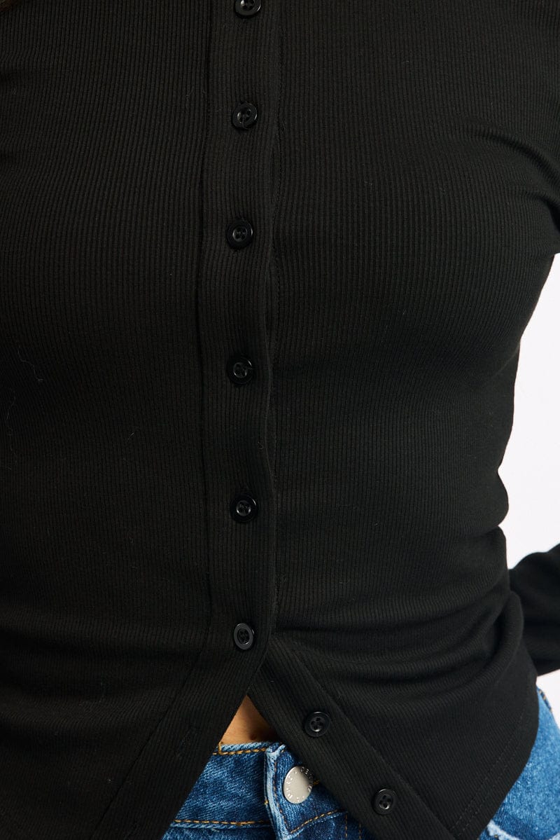 Black Button Front Top Long Sleeve