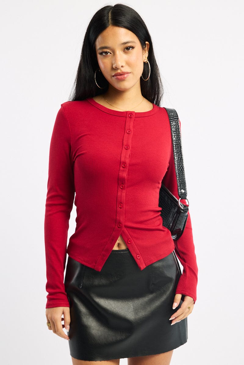 Red Button Front Top Long Sleeve