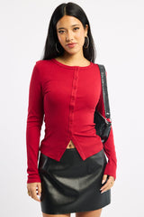 Red Button Front Top Long Sleeve