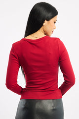 Red Button Front Top Long Sleeve