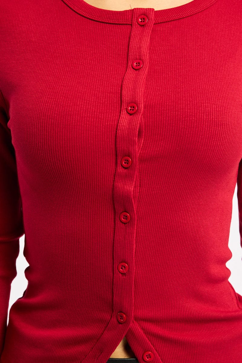 Red Button Front Top Long Sleeve