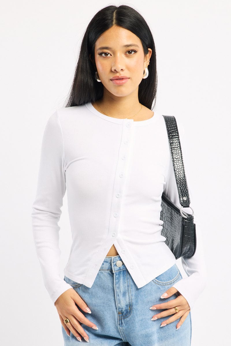 White Button Front Top Long Sleeve