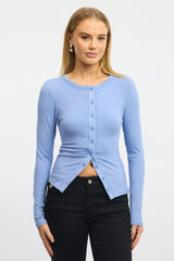Blue Button Front Top Long Sleeve