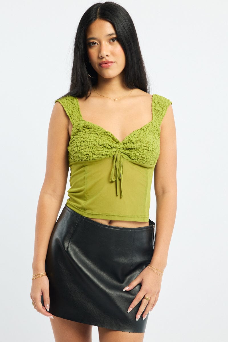 Green Sweetheart Neck Top Mesh