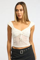 White Sweetheart Neck Top Mesh