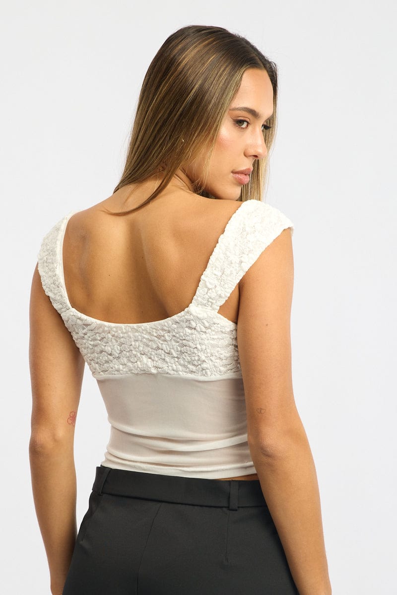 White Sweetheart Neck Top Mesh