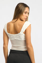 White Sweetheart Neck Top Mesh