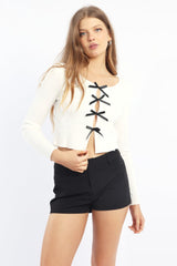 White Knit Top Long Sleeve Front Ribbon