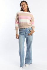 Pink Stripe Knit Top Long Sleeve Color Block