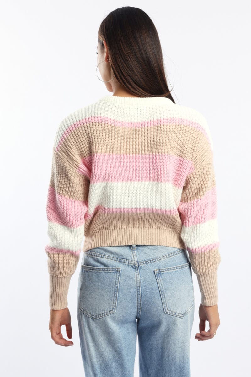 Pink Stripe Knit Top Long Sleeve Color Block