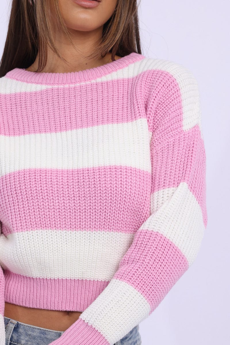 Pink Stripe Knit Top Long Sleeve Color Block