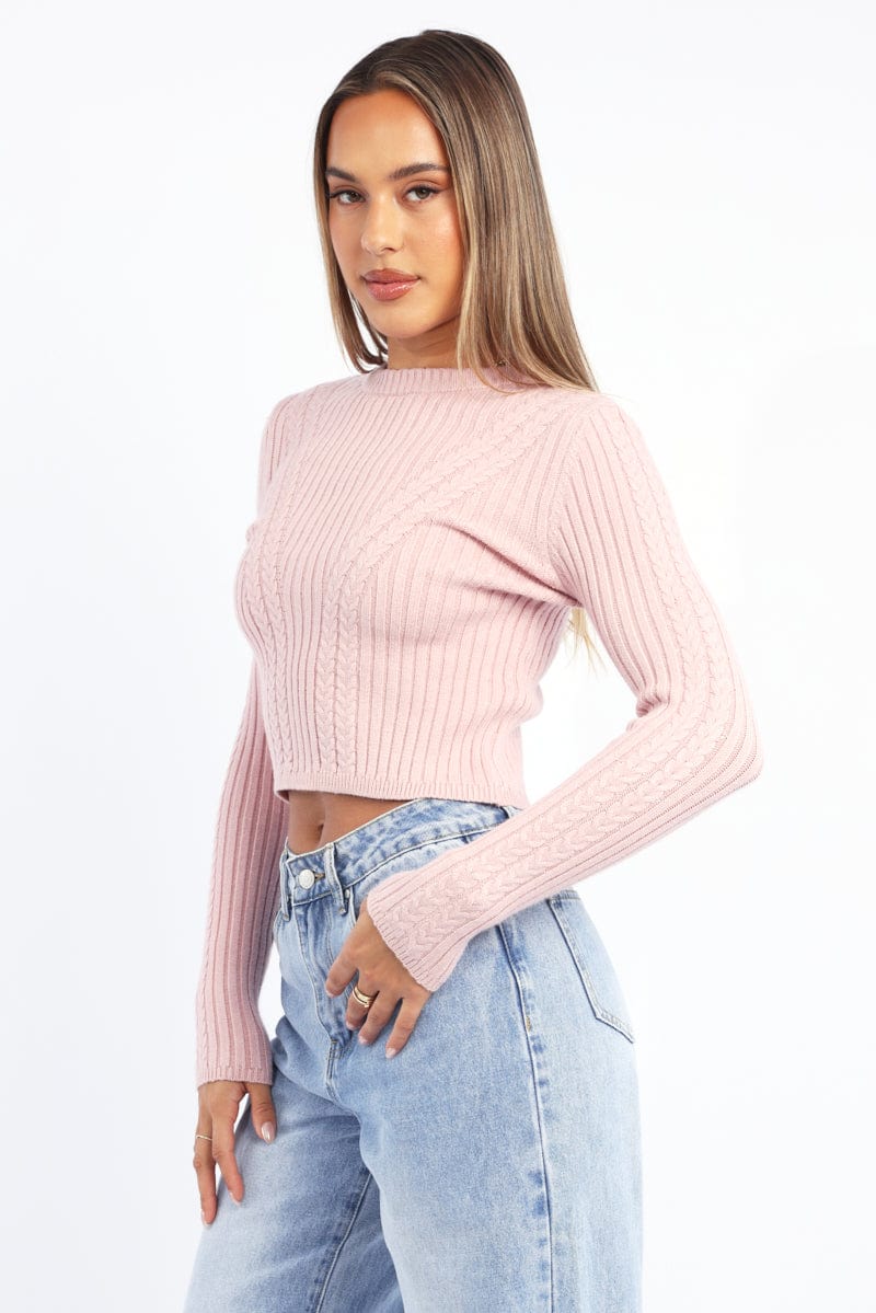 Pink Cable Knit Top Long Sleeve