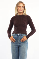Brown Cable Knit Top Long Sleeve