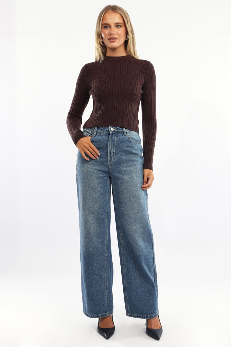 Brown Cable Knit Top Long Sleeve
