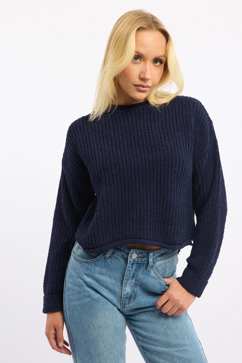 Blue Chenille Knit Jumper Long Sleeve