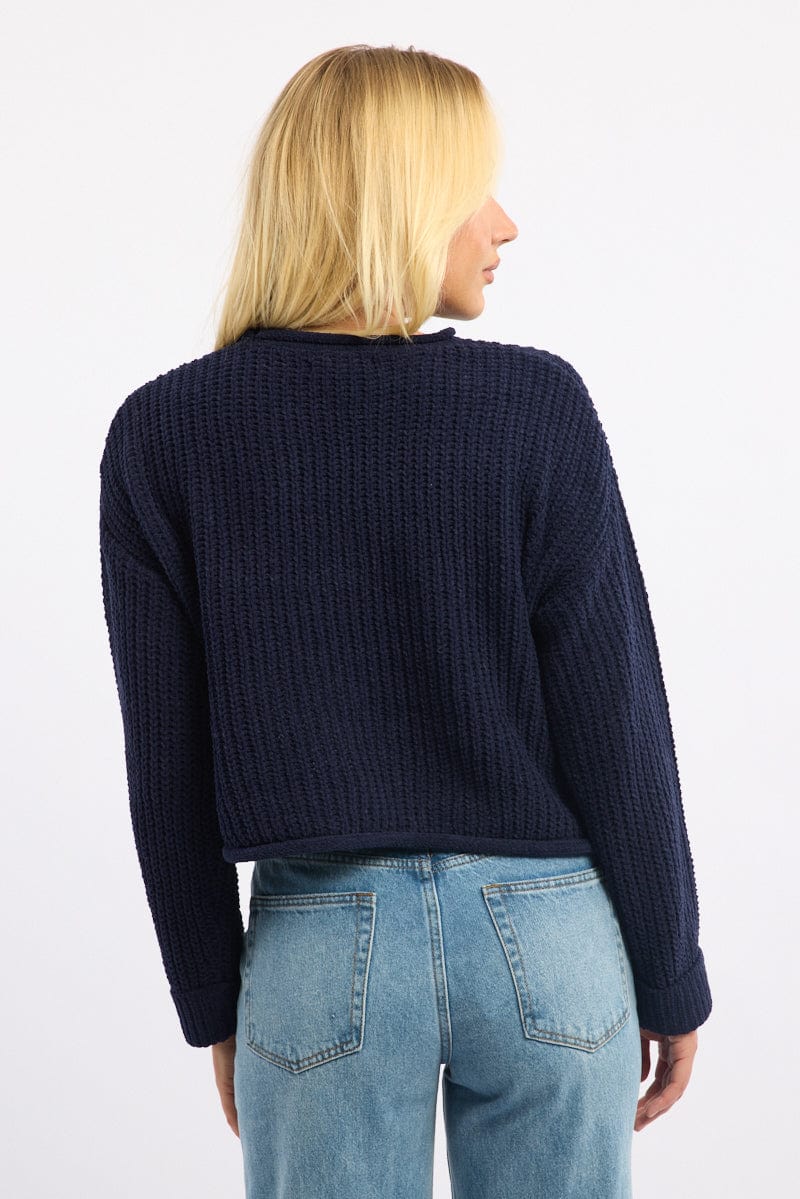 Blue Chenille Knit Jumper Long Sleeve