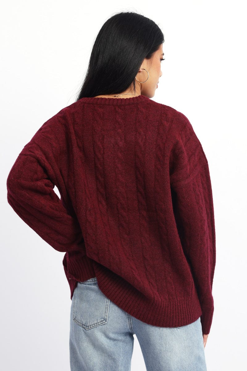 Red Knit Jumper Long Sleeve Cable