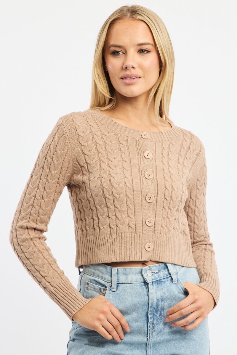 Beige Cable Knit Cardigan Long Sleeve Crew Neck