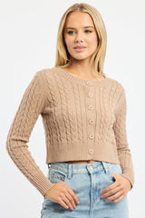 Beige Cable Knit Cardigan Long Sleeve Crew Neck