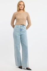 Beige Cable Knit Cardigan Long Sleeve Crew Neck