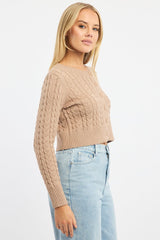 Beige Cable Knit Cardigan Long Sleeve Crew Neck