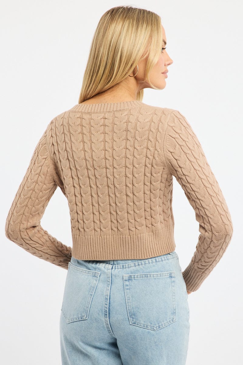 Beige Cable Knit Cardigan Long Sleeve Crew Neck