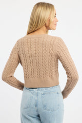 Beige Cable Knit Cardigan Long Sleeve Crew Neck