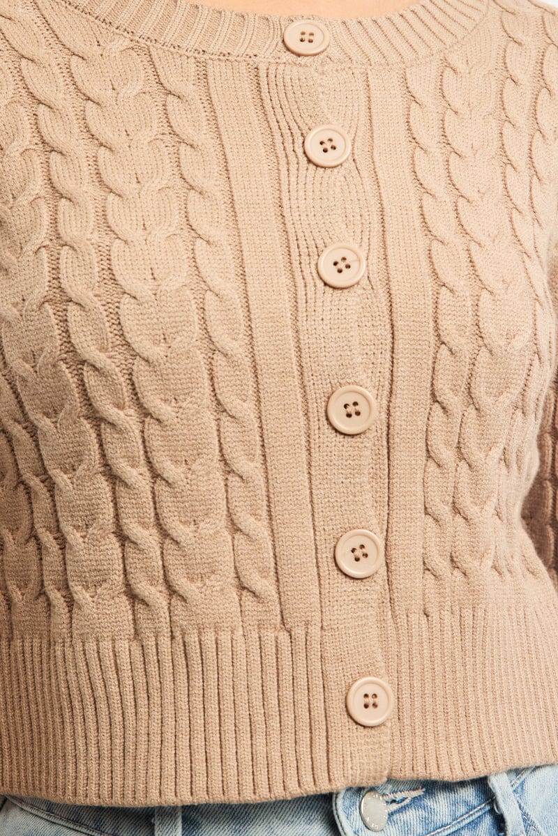 Beige Cable Knit Cardigan Long Sleeve Crew Neck