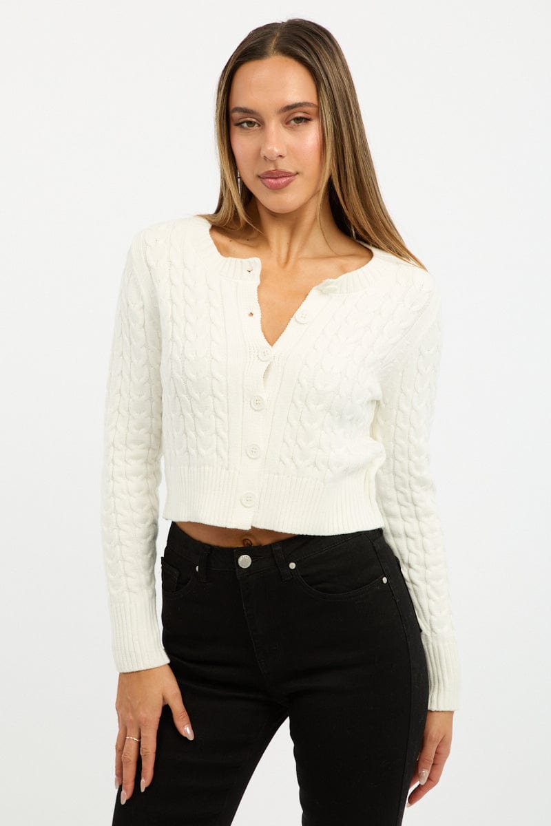 White Cable Knit Cardigan Long Sleeve Crew Neck