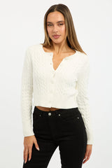 White Cable Knit Cardigan Long Sleeve Crew Neck