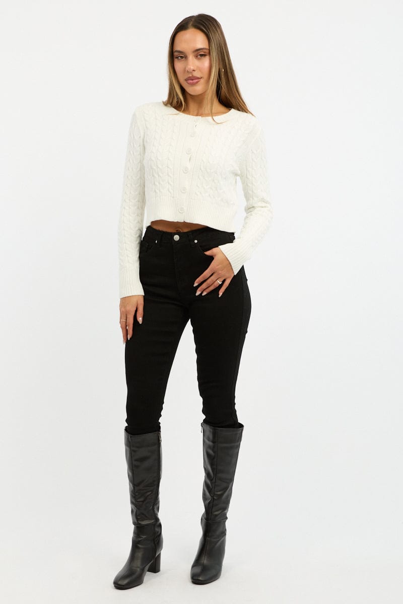 White Cable Knit Cardigan Long Sleeve Crew Neck