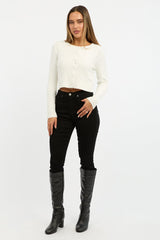 White Cable Knit Cardigan Long Sleeve Crew Neck