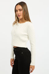 White Cable Knit Cardigan Long Sleeve Crew Neck
