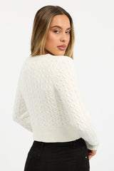 White Cable Knit Cardigan Long Sleeve Crew Neck
