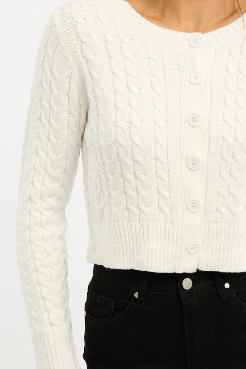 White Cable Knit Cardigan Long Sleeve Crew Neck
