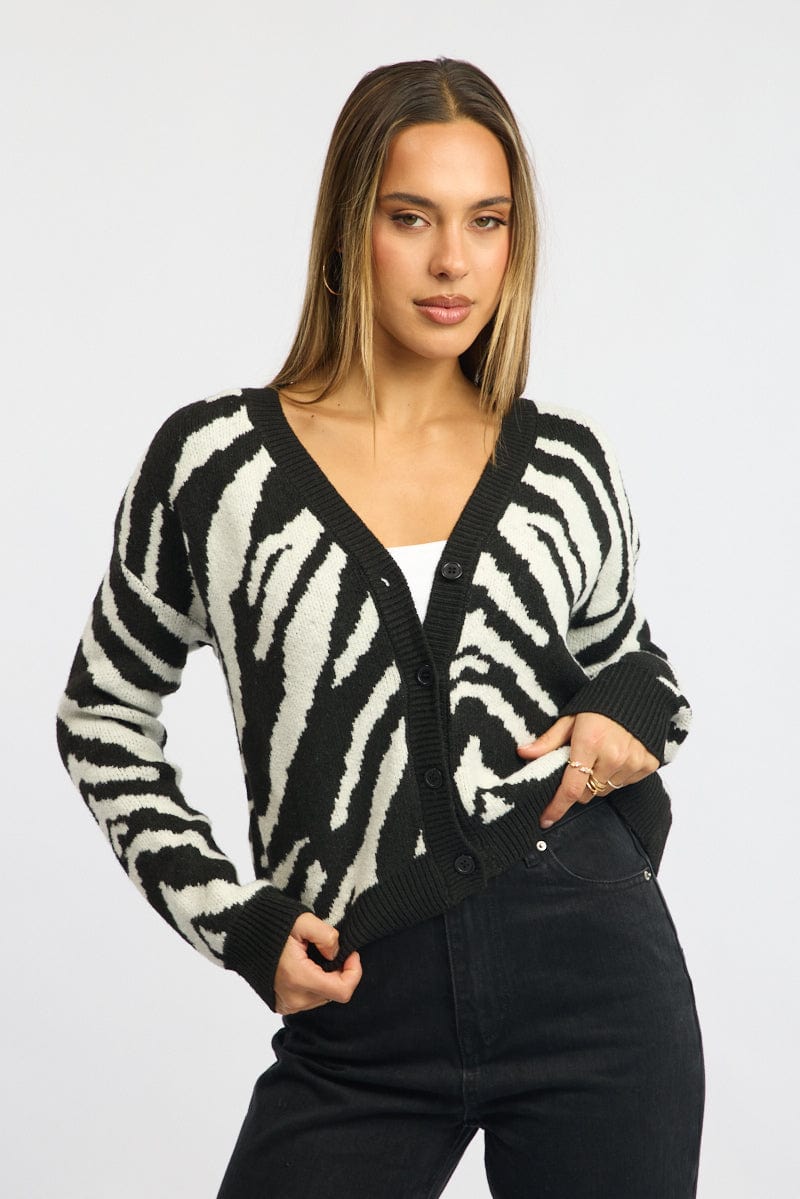 Black Animal Print Oversized Cardigan Long Sleeve V-neck