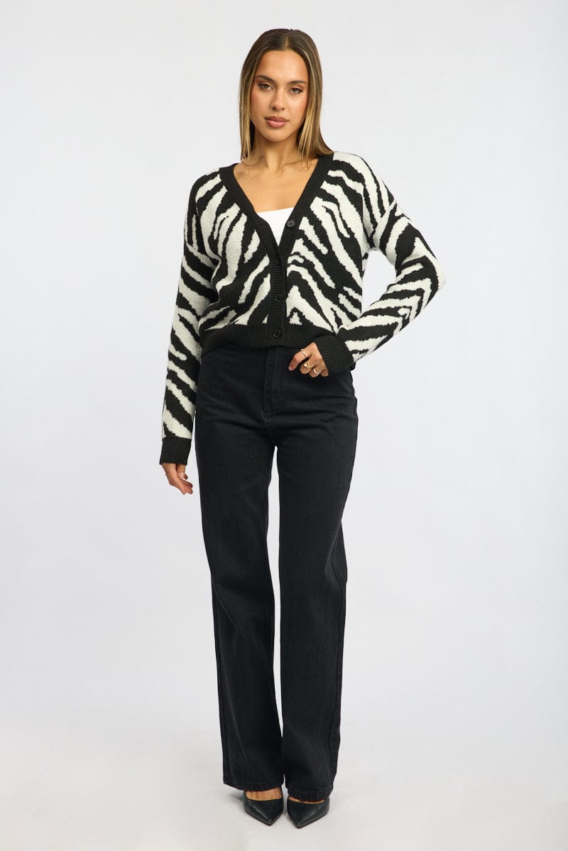 Black Animal Print Oversized Cardigan Long Sleeve V-neck