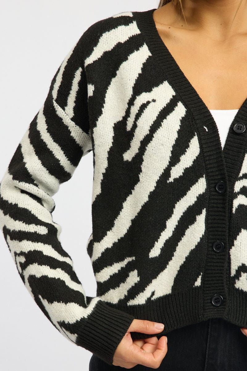 Black Animal Print Oversized Cardigan Long Sleeve V-neck