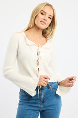White Knit Cardigan Tie Up Long Sleeve
