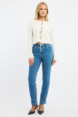 White Knit Cardigan Tie Up Long Sleeve