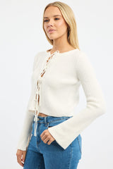 White Knit Cardigan Tie Up Long Sleeve
