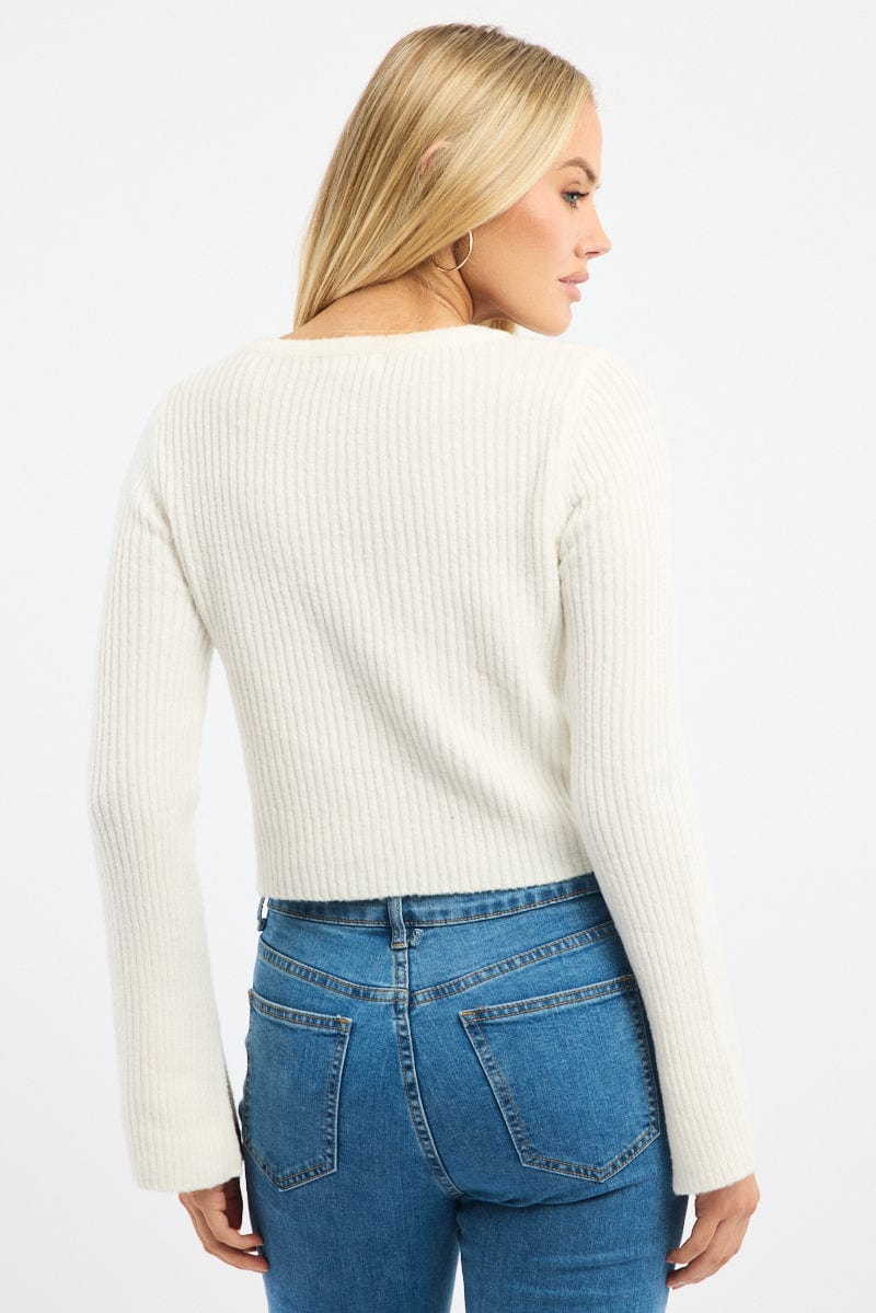 White Knit Cardigan Tie Up Long Sleeve