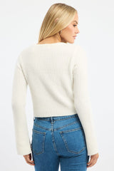 White Knit Cardigan Tie Up Long Sleeve