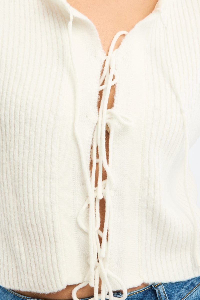 White Knit Cardigan Tie Up Long Sleeve